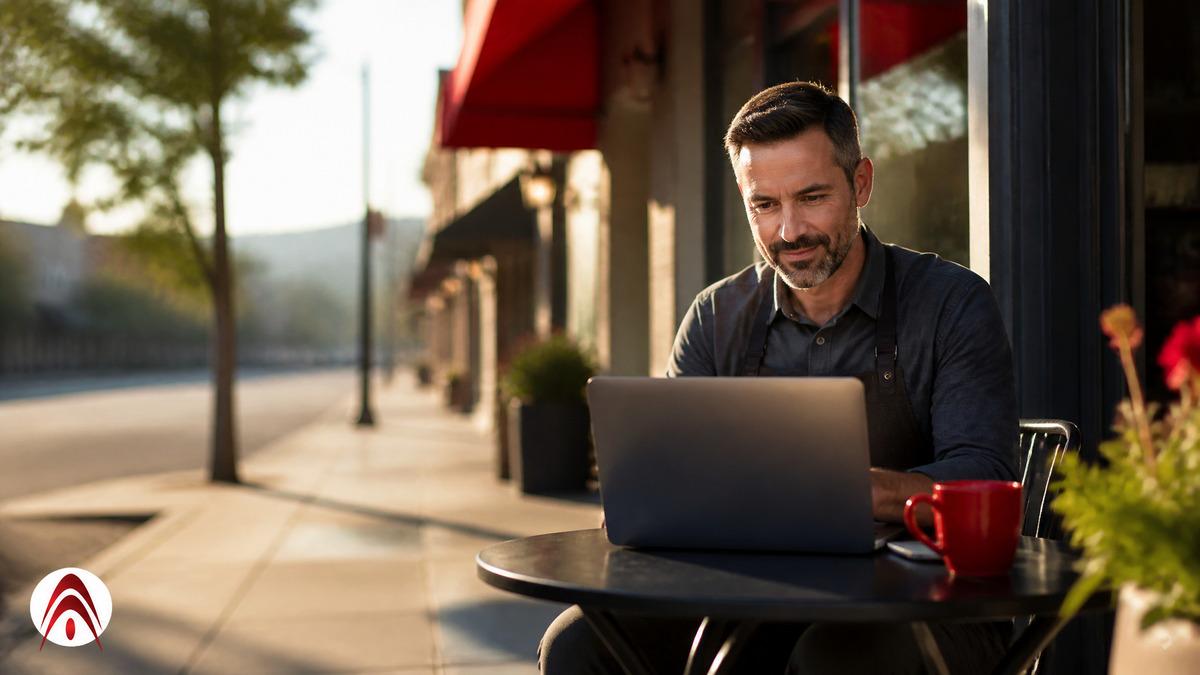 Business owner checking search results on a laptop outside his shop
