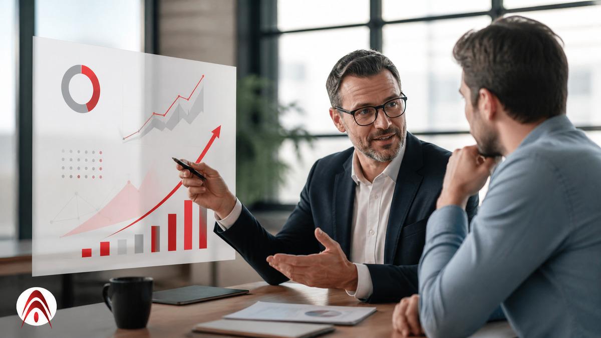 Marketing strategist walking a business owner through a growth chart