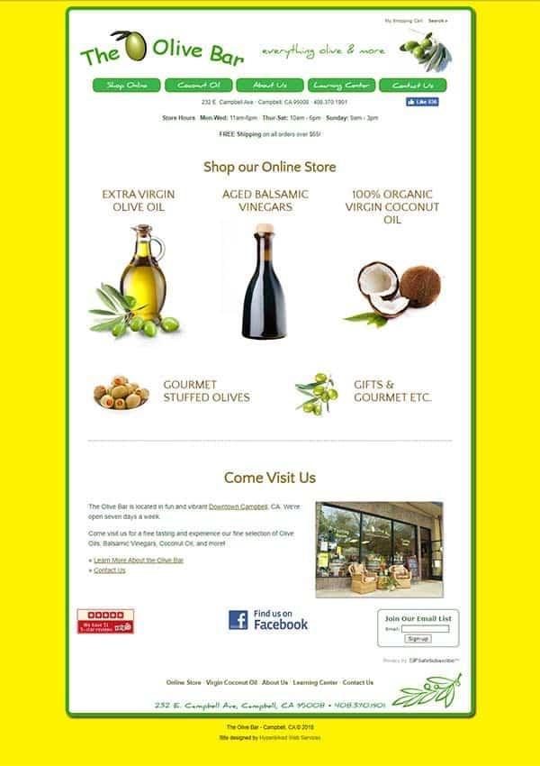 The Olive Bar's previous website: a dated layout on a bright yellow background