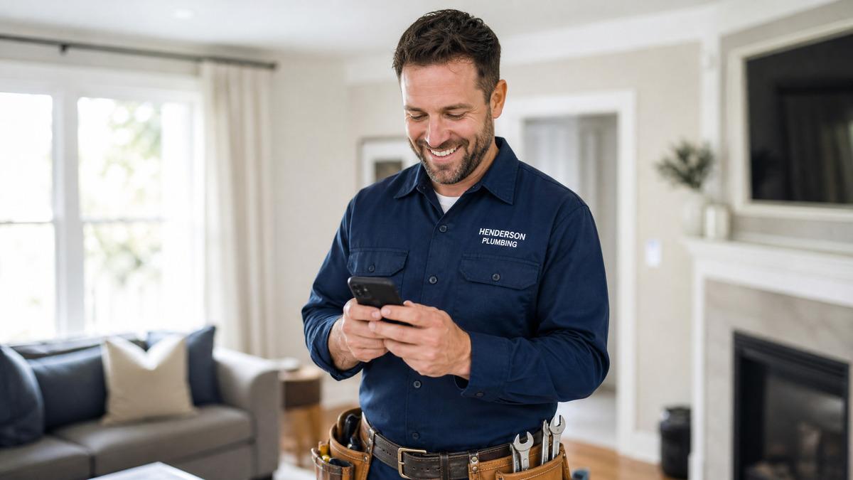 Plumber smiling at a new lead notification on his phone