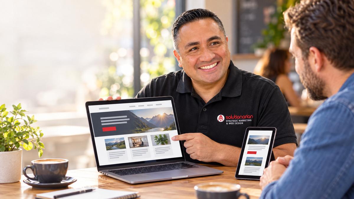 Solutionarian designer presenting a new responsive website to a client